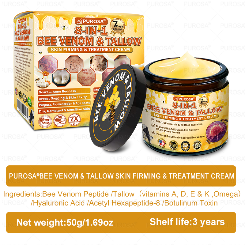 🐝🐝🐝𝗣𝗨𝗥𝗢𝗦𝗔® 𝟖-𝐈𝐧-𝟏 𝐁𝐞𝐞 𝐕𝐞𝐧𝐨𝐦 & 𝐓𝐚𝐥𝐥𝐨𝐰 𝐒𝐤𝐢𝐧 𝐅𝐢𝐫𝐦𝐢𝐧𝐠 & 𝐓𝐫𝐞𝐚𝐭𝐦𝐞𝐧𝐭 𝐂𝐫𝐞𝐚𝐦 (Effective Within 7 Days)Bee Venom + Tallow · 7X Deep Hydration, targets wrinkles, sagging, stretch marks, dark spots, purpura, inflammations and more